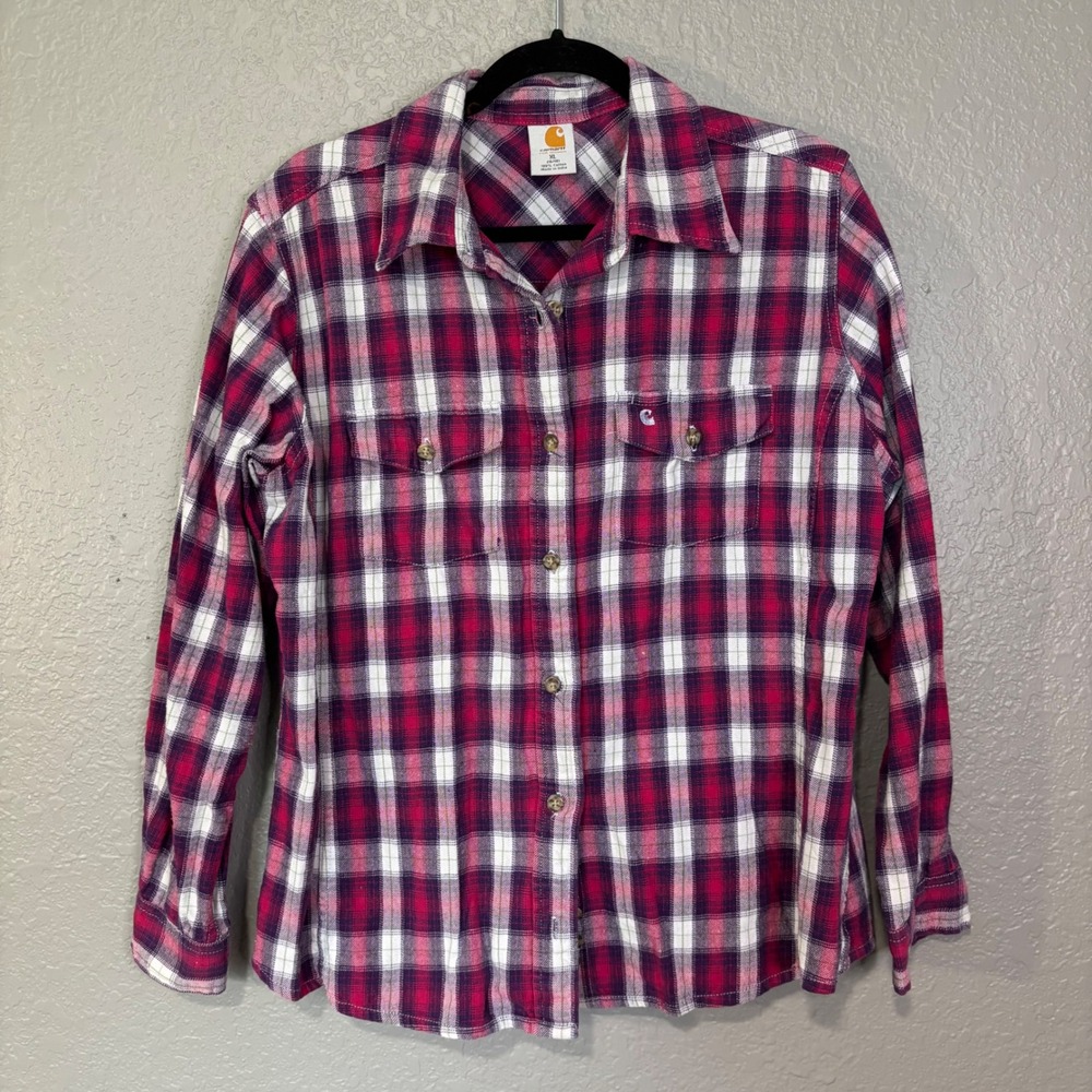 Carhartt Women XL Plaid Flannel Shirt Magenta Purple Cotton Button Up WS007 MBY